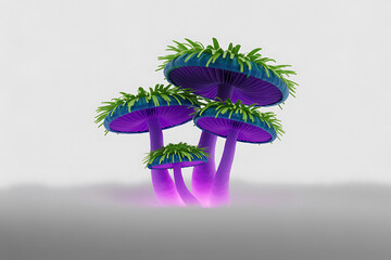 Abstract 3D Neon Tropical Mushroom Design with Green and Purple Glow on white