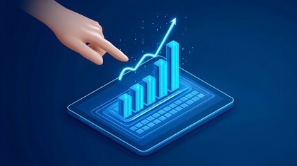 Digital Business Growth Chart with Hand Touching Bright Blue Graph on Tablet Screen