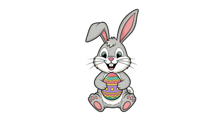 Cute cartoon Easter bunny holding a decorated egg, a charming vector illustration for holiday designs, isolated on transparent background. SVG.