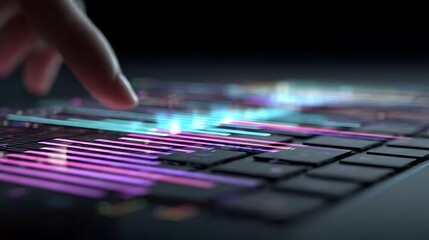 Close-up of a Hand Touching a Colorful Illuminated Gaming Keyboard with Vibrant Led Lights in Dark Environment