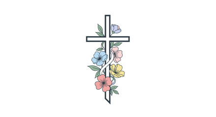 of a cross adorned with vibrant pastel flowers, symbolizing faith, hope, and remembrance, isolated on transparent background, vector illustration svg.
