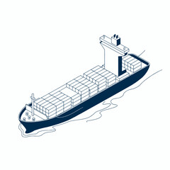 Illustration of a modern container ship transporting cargo across the ocean water with boxes on the deck of the ship