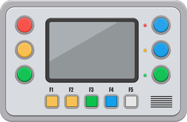 Illustration of a machine interface display panel with buttons and a touch screen in modern industrial control