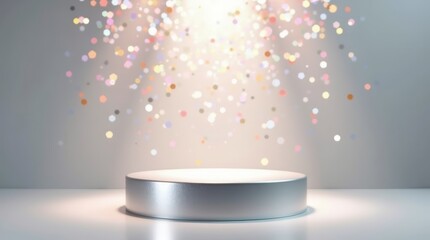 Spotlight on podium with falling colorful stars, festive stage background with glowing bokeh