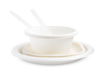 Set of disposable plastic tableware isolated on white