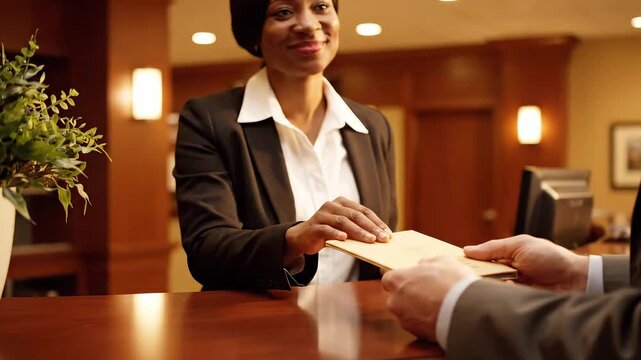 Smiling hotel receptionist handing a document to a guest