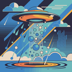 Flying Saucer Encounter Illustration in Modern Geometric Style Landing Over Water Space Theme Artwork © SHOHRAB HOSSAIN