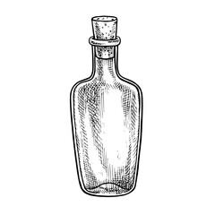 Bottle of alcoholic beverage. Vector graphic illustration. Hand-drawn black and white image. Ideal for menus, banners, flyers, packaging, and labels.