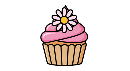Charming pink frosted cupcake with a delightful daisy flower, great for bakery, celebration, and dessert menus, svg vector illustration isolated on transparent background.
