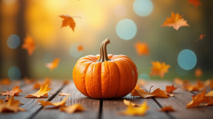Closeup pumpkin with falling autumn leaves on rustic wooden surface in soft golden sunlight. Seasonal harvest and fall concept