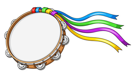 Vibrant musical tambourine with colorful flowing ribbons, ideal for festive celebrations. Detailed vector illustration, svg, isolated on transparent background.