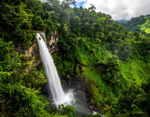 Lush waterfall cascading down a cliff face surrounded by dense tropical forest