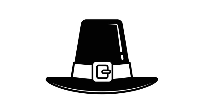 Classic black pilgrim hat with a square buckle, a symbolic representation of American history and Thanksgiving celebrations, isolated on transparent background, vector illustration.