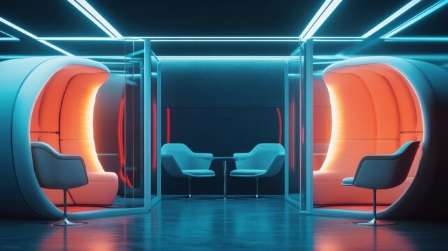 A futuristic, brightly lit lounge featuring curved seating pods and sleek design elements, creating a vibrant, tech-savvy atmosphere.