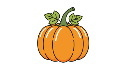 Cartoon bright orange pumpkin with green stem and leaves for autumn, harvest, Halloween, Thanksgiving, vector illustration isolated on transparent background.