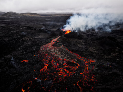 Molten lava eruption at Sundhn�kag�gar crater on Reykjanes Peninsula Iceland