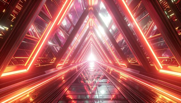 Glowing red neon triangles form a futuristic corridor with reflective floor - Powered by Adobe