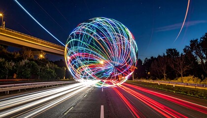 Colorful orb light trails highway night