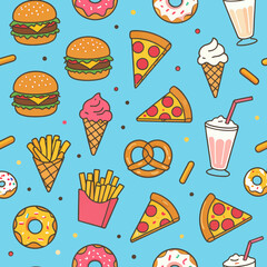 Colorful Food Pattern: Burgers, Pizza, Ice Cream on Blue Background