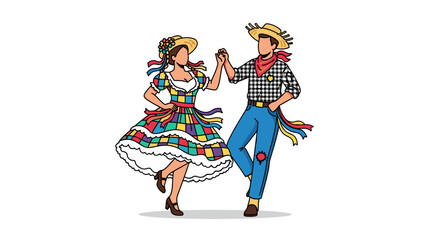 Traditional Brazilian Festa Junina folk dancers celebrating in vibrant attire with straw hats, isolated on transparent background vector illustration svg.