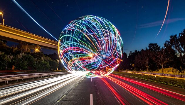 Colorful orb light trails highway night - Powered by Adobe