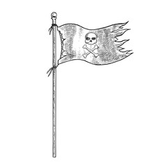 An old torn pirate flag. Black and white graphics, hand-drawn vector illustrations. For children s games and celebrations. For stickers, invitation cards, posters and banners, packaging, and more.