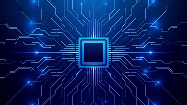 Neon‑Framed CPU on Circuit Board, Abstract AI Chip and Semiconductor Animation on Blue Tech Background, Futuristic Digital Motion Video for Big Data, Smart Systems, Artificial Intelligence