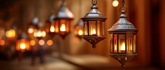 Fototapeta premium Courtyard lanterns glow warmly