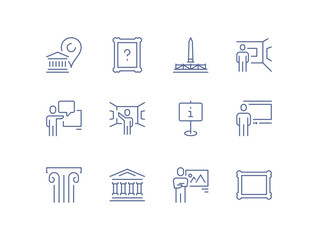 Museum icon set, ancient column, historical building, exhibition guide, picture frame, tour ticket, art gallery, visitor group, landmark monument, cultural heritage, information sign flat vector.