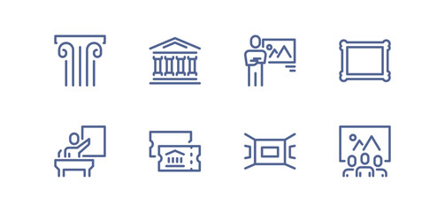 Museum icon set, ancient column, historical building, exhibition guide, picture frame, tour ticket, art gallery, visitor group, landmark monument, cultural heritage, information sign flat vector.