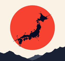 Minimalist Japan Map Over Red Sunrise with Mountains