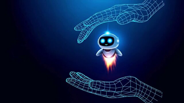AI Agent Launching from Human Hands, Abstract Wireframe Robot Animation on Blue Tech Background, Futuristic Digital Motion for Artificial Intelligence, Virtual Bots, and Smart Technology Innovation