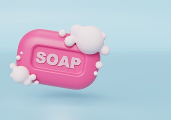 Pink Soap with Bubbles on Blue Background