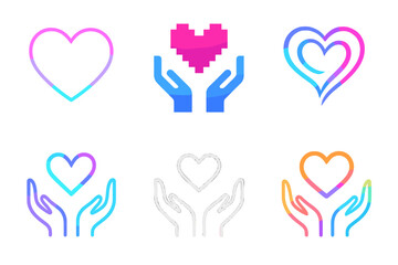 Fototapeta premium Neo-Flat Care Icons. Creative Care Symbols set of icons in neo-flat style: neon glowing heart, pixel art hands holding heart, abstract swirl heart,