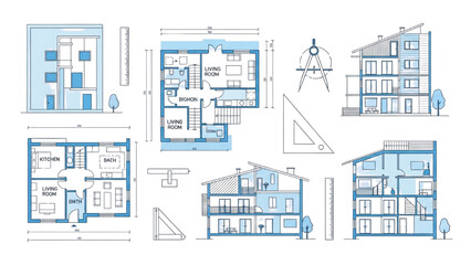 AutoCAD House Plan Vector Illustration &ndash; New Home Floor Plans for Interior and Exterior Construction AI EPS PNG JPEG

