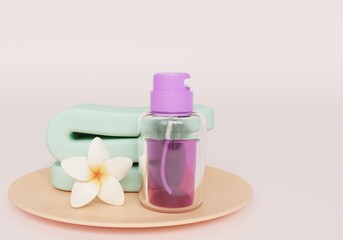 Spa Treatment Composition Bottle, Blue Towel, and Flower on a Plate