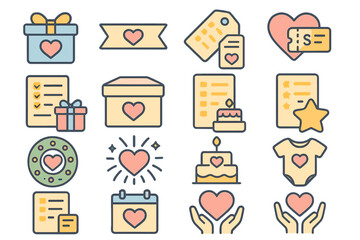 Gift Icon Compilation. Gift & Wishlist set of icons in neo-flat style: present box with heart, ribbon with heart, gift tag wishlist, heart with