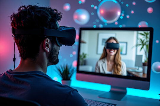 Virtual Reality Enthusiast Immersed in Futuristic Digital Landscape during Business Webinar - Powered by Adobe