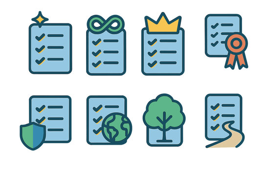 Checklist linear icon set. featuring tasks, infinity, crown, certificate, shield, globe, tree, and path symbols
