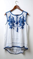 White tank top with blue floral embroidery and tassels