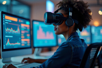 African American Female Business Data Analyst Engaged in Virtual Reality Dashboard Analysis