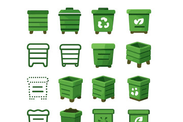 Compost Bin Icons. Compost Bin Basics set of icons in neo-flat style: simple compost bin, compost bin with lid, compost bin with recycle symbol,