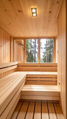 Interior of a light-toned wooden sauna with a view