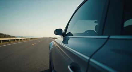 Car driving on coastal road, side view from passenger seat, bright sky