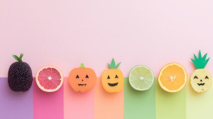Cute fruit faces arranged in a row on a pastel background, halloween theme