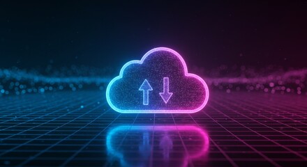 Obraz premium Digital cloud icon with upload and download arrows in neon blue and pink glowing light