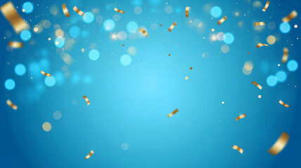 Blue festive background with golden confetti, bokeh lights and celebration design