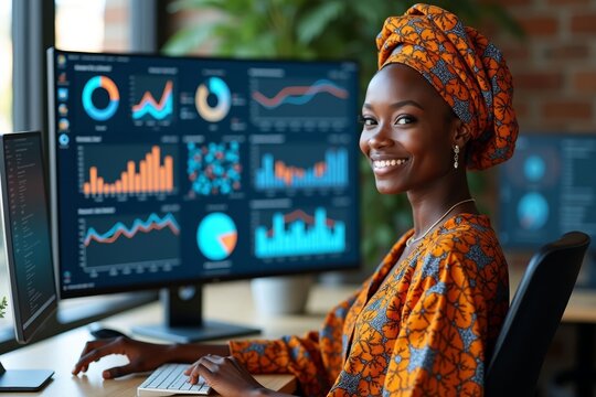 Young African American Woman in Traditional African Attire Analyzing Data Analytics on Computer Screen