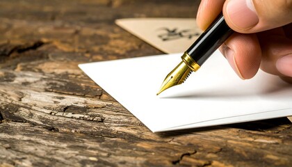 Hand holding a fountain pen poised over white paper on a rustic wood surface