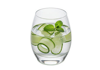 Isolated thirst quencher clear glass of spa water with cucumber slices and sprig of mint